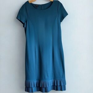 Talbots Teal Pleated Hem Shift Dress Size 12 Short Sleeve Work Career Length 41”